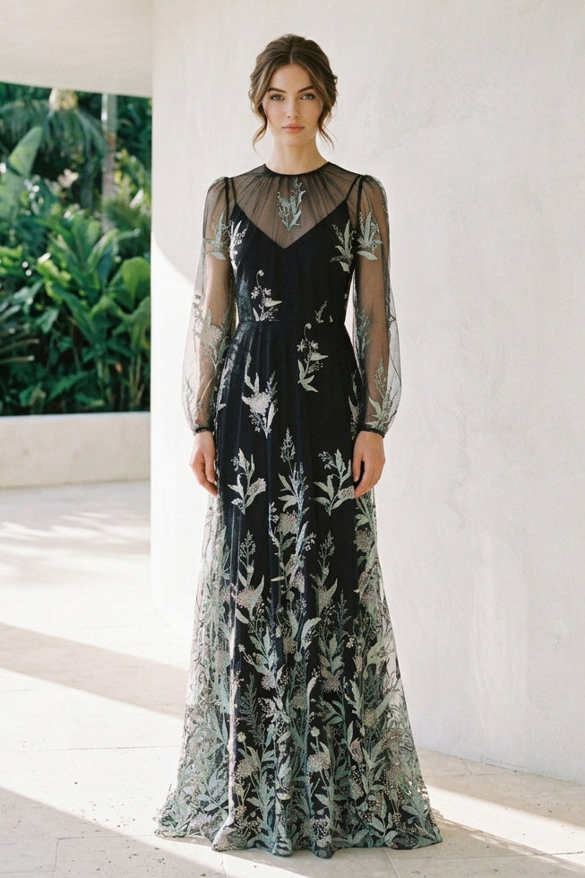 Embroidered Floral Illusion Long Sleeve Evening Gown