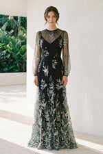 Embroidered Floral Illusion Long Sleeve Evening Gown