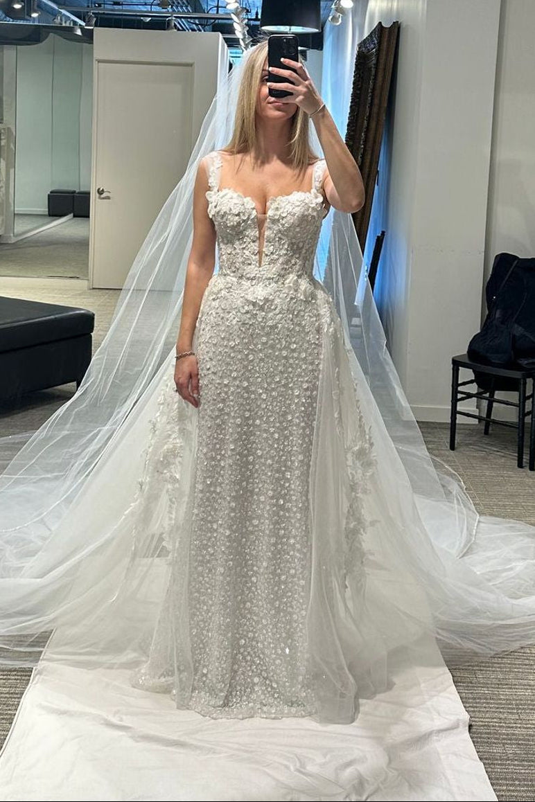 3D Floral Lace Wedding Dress with Detachable Train