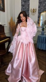 Lace Peplum Ball Gown with Flared Sleeves
