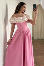 Off-the-Shoulder Corset Midi Dress with Floral Ruffle