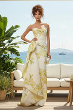 Strapless Floral Column Gown with Side Drape