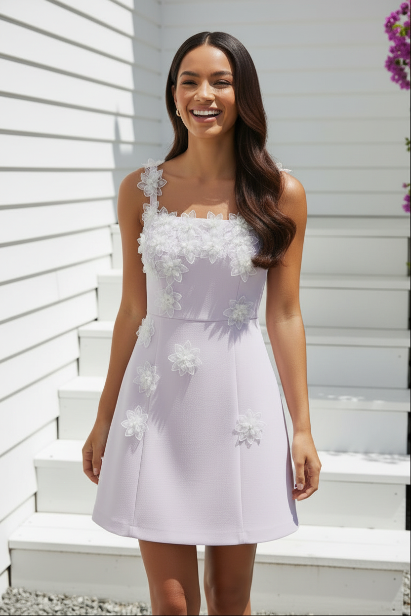 3D Floral Applique Square Neck Mini Dress