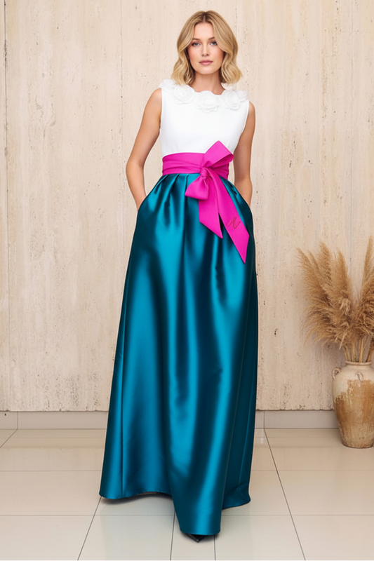 Elegant Color Block Satin A-Line Gown with 3D Floral Neckline and Bow Sash