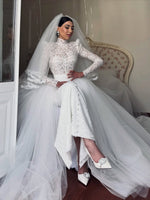 High Neck Lace Mermaid Wedding Dress with Detachable Train