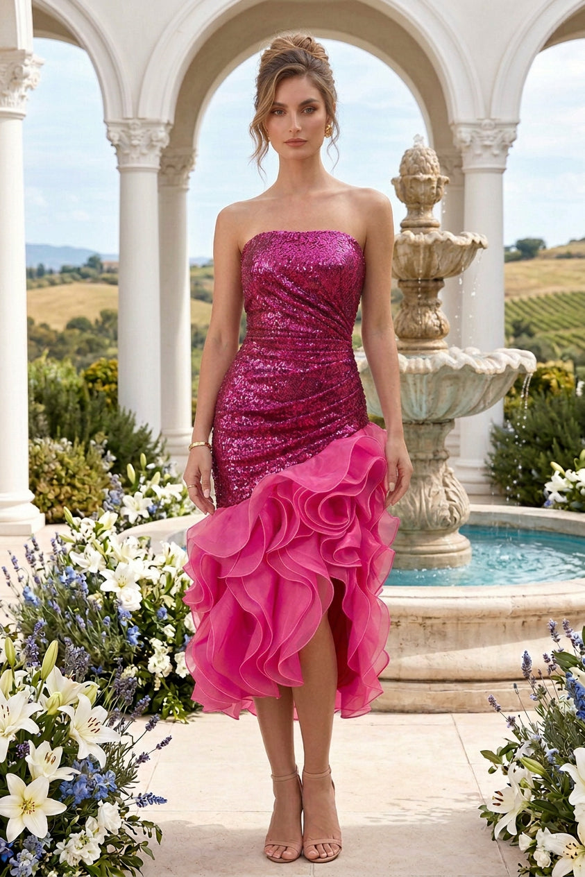 Strapless Sequin Midi Dress with Asymmetric Ruffles