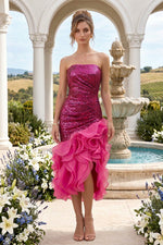 Strapless Sequin Midi Dress with Asymmetric Ruffles