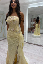 Strapless Beaded Lace Corset Gown with Slit