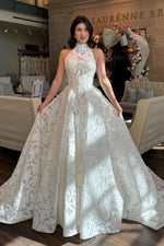 High Neck Halter Floral Illusion Ball Gown Wedding Dress