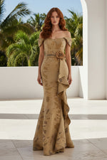 Off-the-Shoulder Floral Evening Gown with Cascading Ruffle