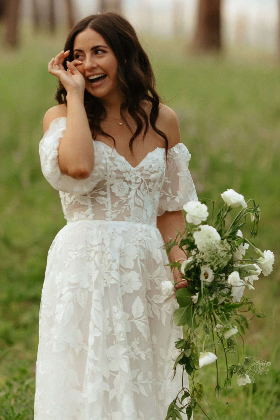 Off-the-Shoulder Floral Lace Corset Wedding Dress