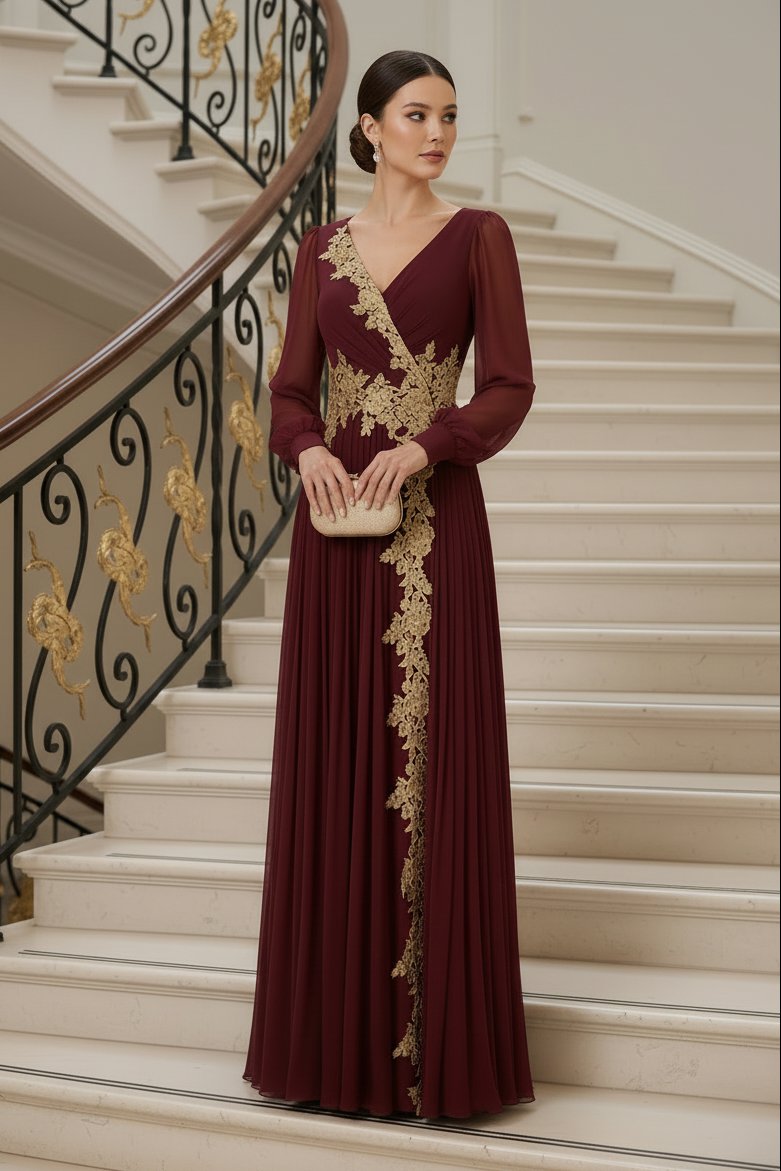 Lace Applique Pleated Maxi Dress with Bishop Sleeves
