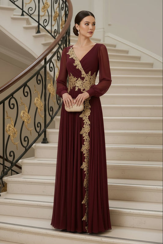 Lace Applique Pleated Maxi Dress with Bishop Sleeves