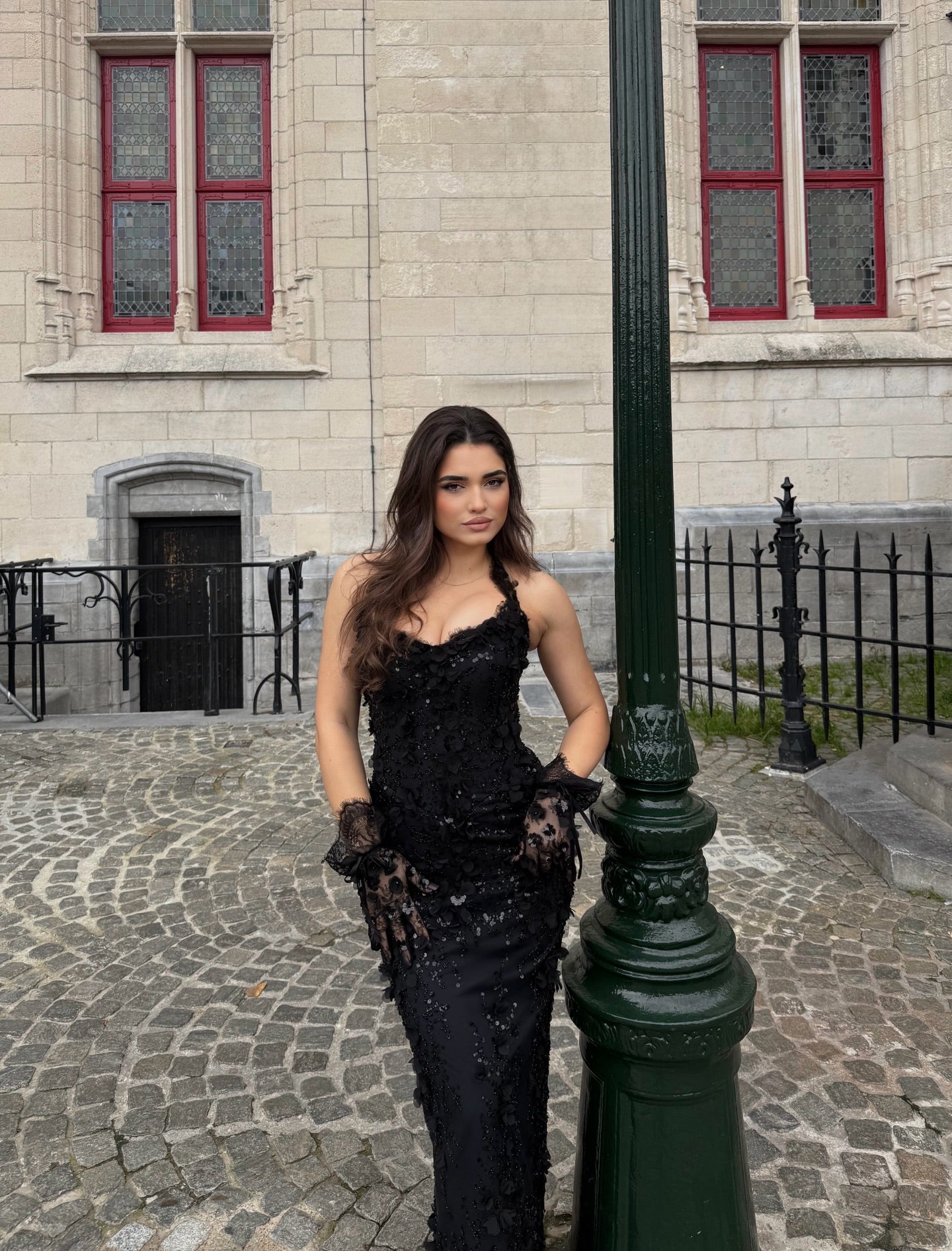 Halter Lace Applique Sequin Evening Gown