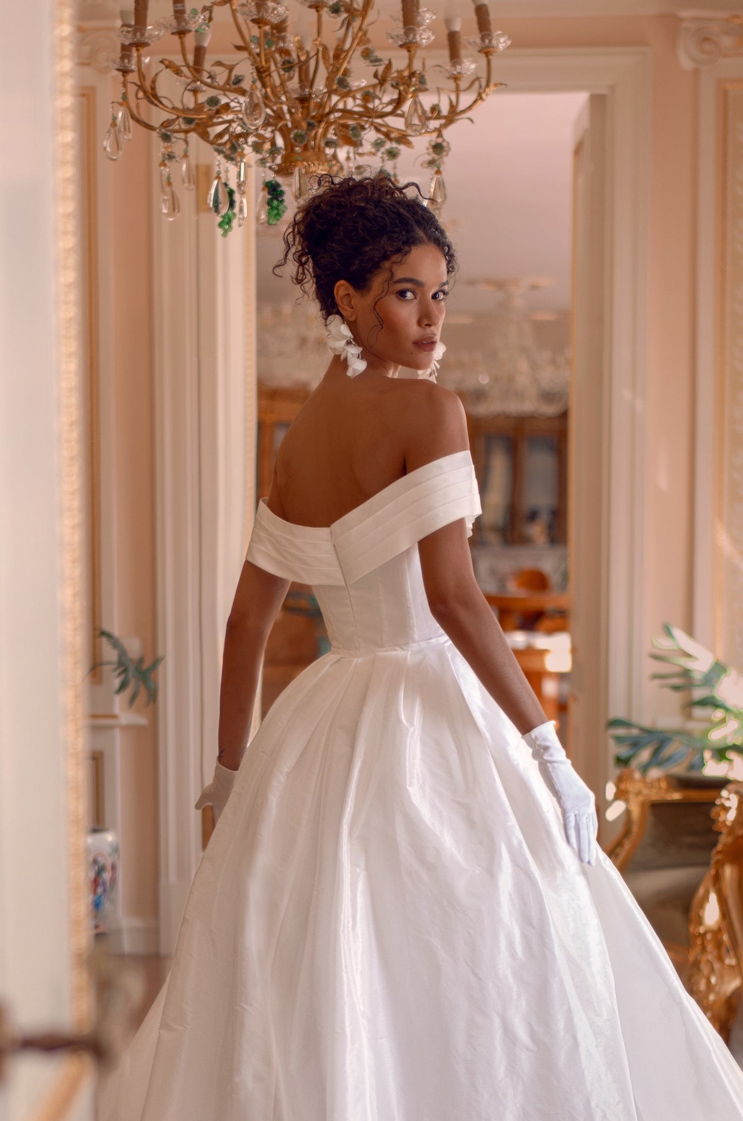 Off-the-Shoulder Satin Wedding Dress with Overskirt