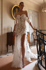 High Neck Illusion Lace Wedding Dress with Slit