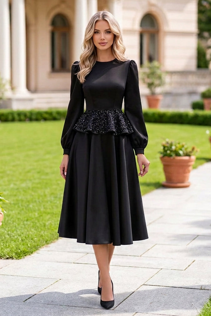 A-Line Midi Dress with Embellished Peplum