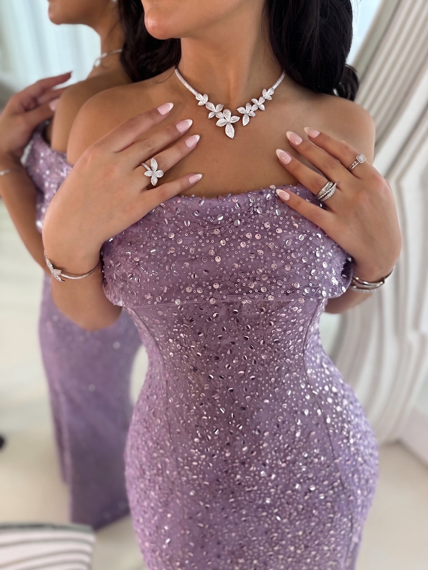 Off-the-Shoulder Beaded Sheath Evening Gown
