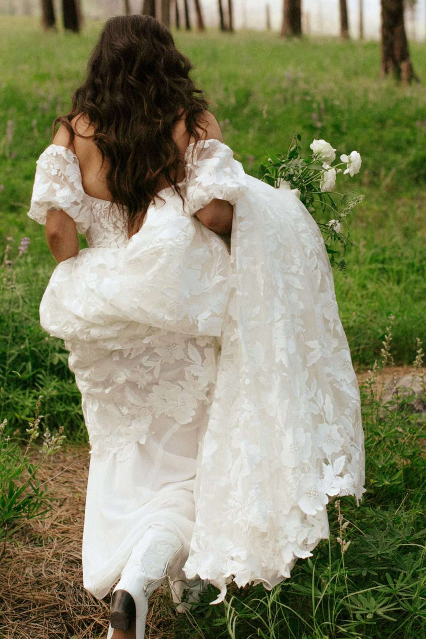 Off-the-Shoulder Floral Lace Corset Wedding Dress