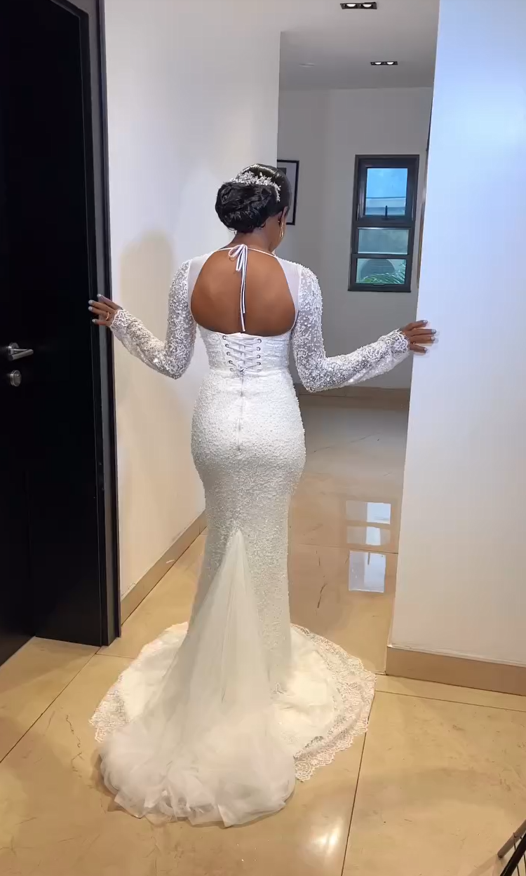 Long Sleeve Pearls Mermaid Wedding Dress