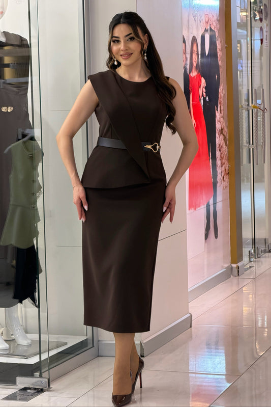 Asymmetrical Peplum Midi Dress with Belt