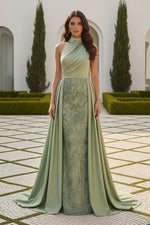 Embroidered Halter Gown with Satin Overskirt