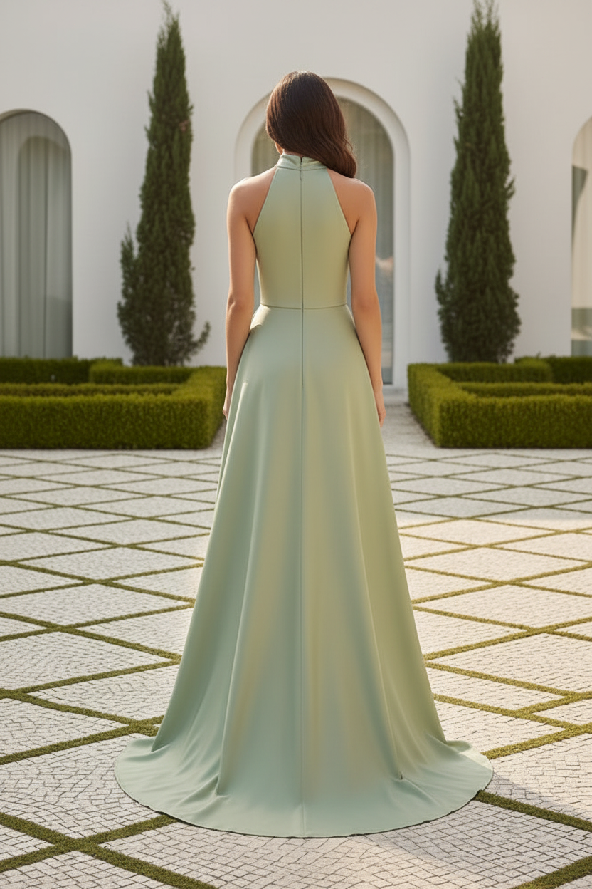 Embroidered Halter Gown with Satin Overskirt