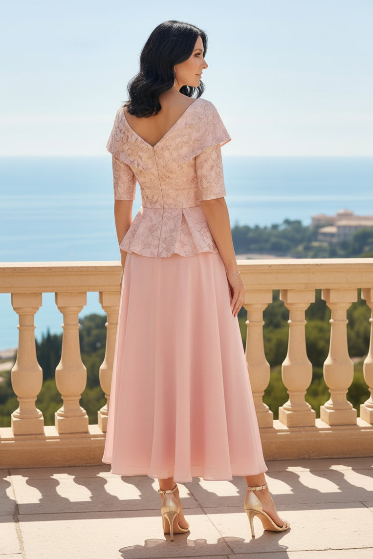 Jacquard Peplum Tea-Length Dress with Bow