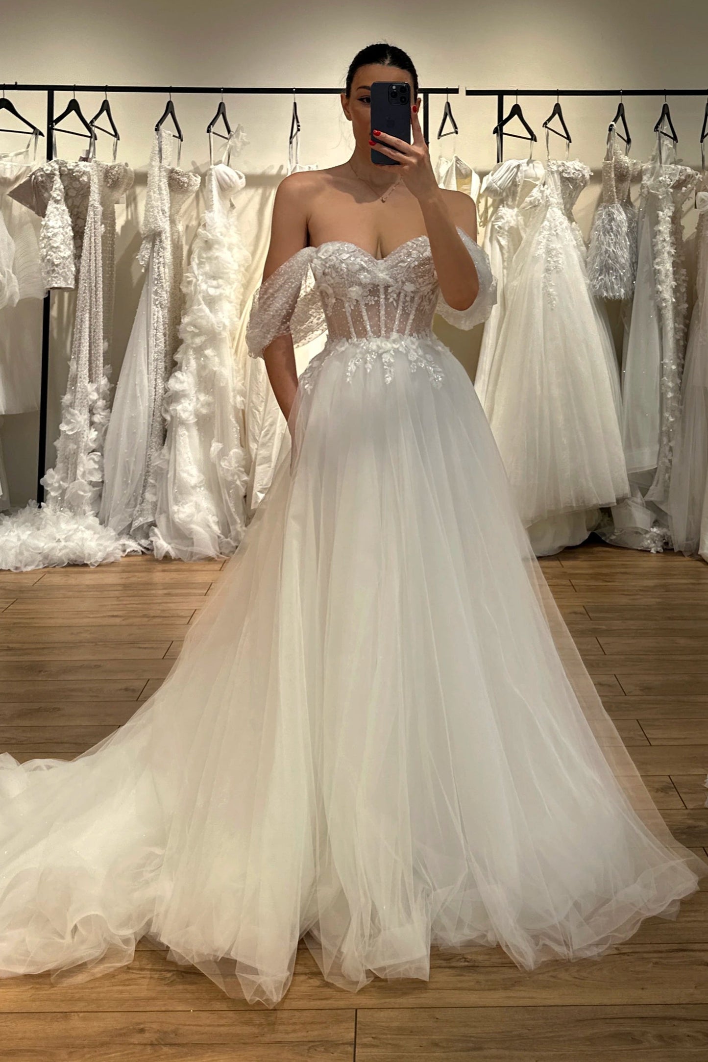 Off-the-Shoulder Tulle A-Line Wedding Dress with Corset