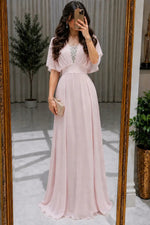 Beaded Illusion V-Neck Chiffon Maxi Dress