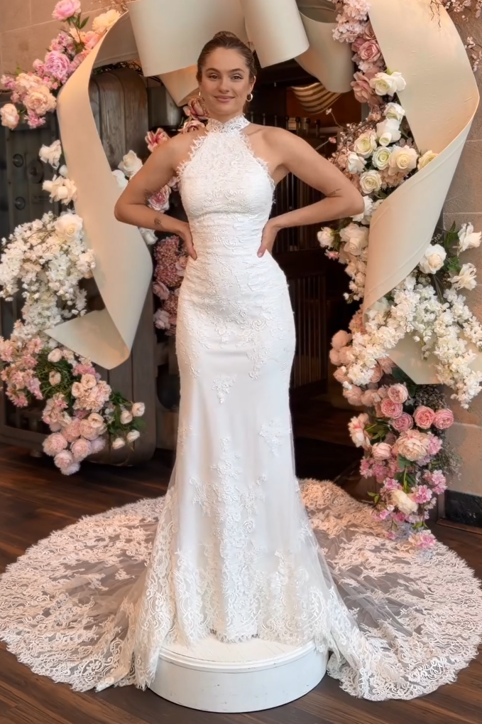 High Neck Halter Lace Applique Mermaid Wedding Dress