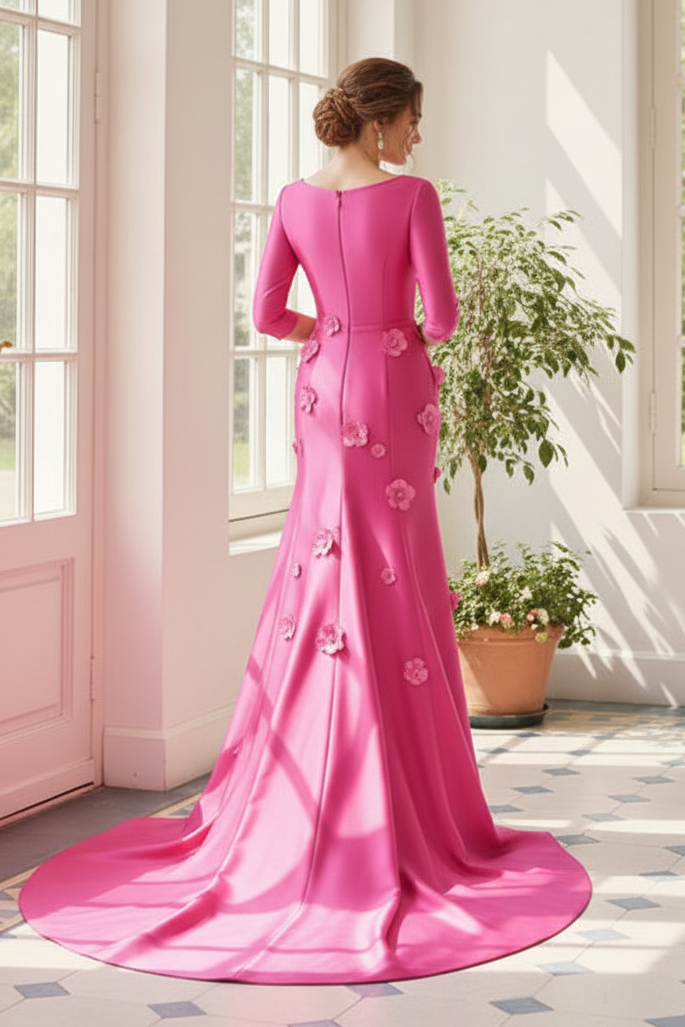 Floral Applique Satin Evening Gown