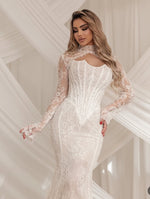 High Neck Lace Mermaid Wedding Dress with Corset Bodice