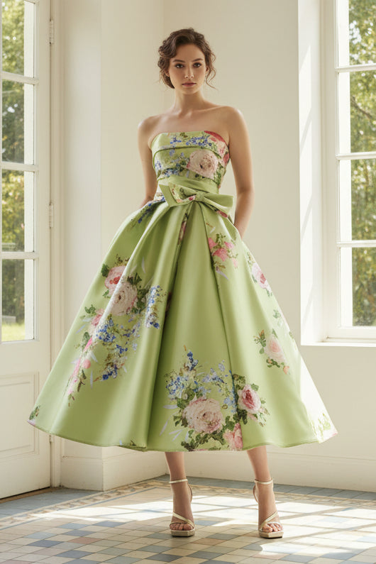 Strapless Floral Satin Tea-Length A-Line Dress