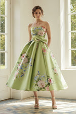 Strapless Floral Satin Tea-Length A-Line Dress