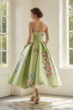 Strapless Floral Satin Tea-Length A-Line Dress