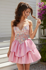 Strapless 3D Floral Corset Tiered Satin Mini Dress