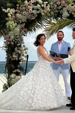 3D Floral Applique Plunging V-Neck Wedding Dress