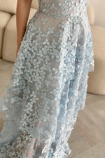 3D Floral Applique Strapless Tiered Tulle Gown
