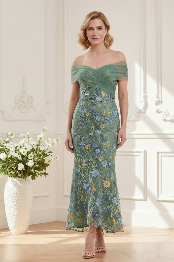Off-the-Shoulder Floral Embroidered Mermaid Dress