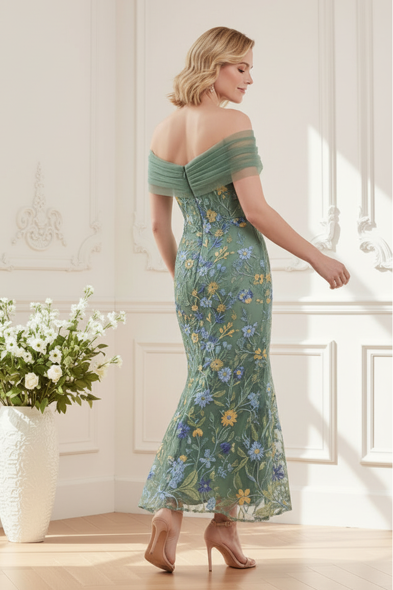 Off-the-Shoulder Floral Embroidered Mermaid Dress