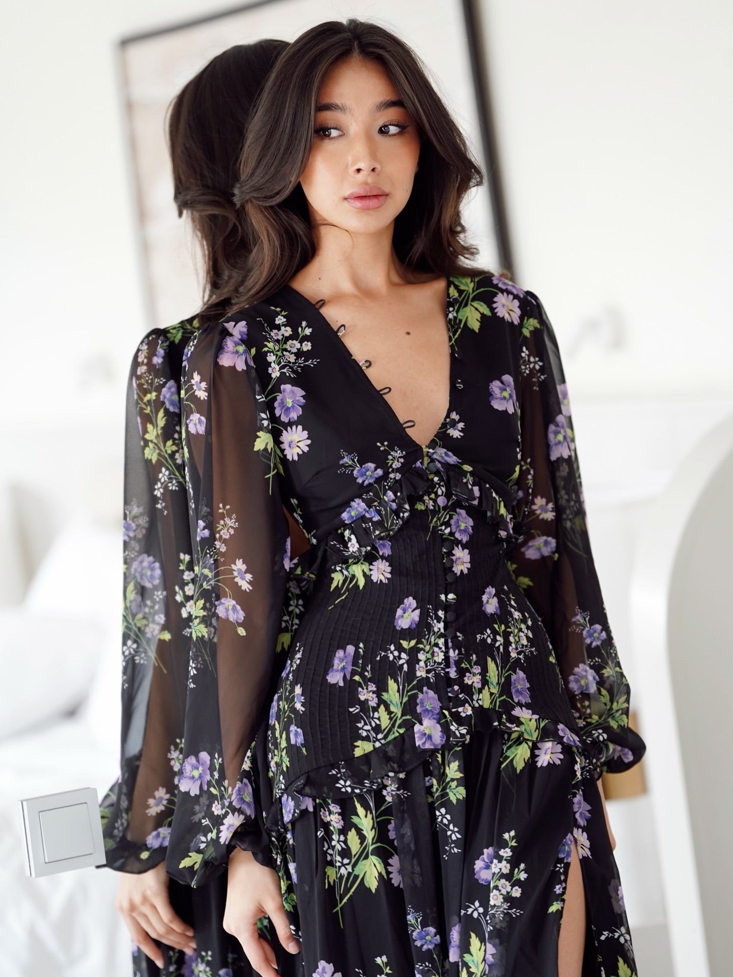 Floral Chiffon Long Sleeve Maxi Dress with Slit