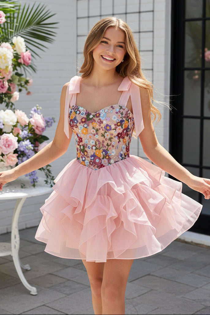 Floral Embroidered Corset Mini Dress with Ruffled Skirt