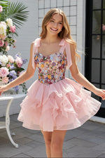 Floral Embroidered Corset Mini Dress with Ruffled Skirt