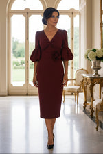 Puff Sleeve Satin Midi Dress with Flower Detail