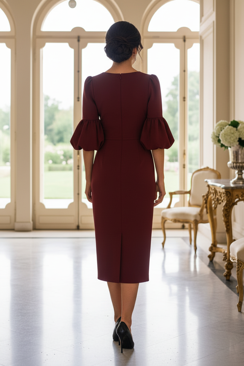 Puff Sleeve Satin Midi Dress with Flower Detail