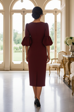Puff Sleeve Satin Midi Dress with Flower Detail