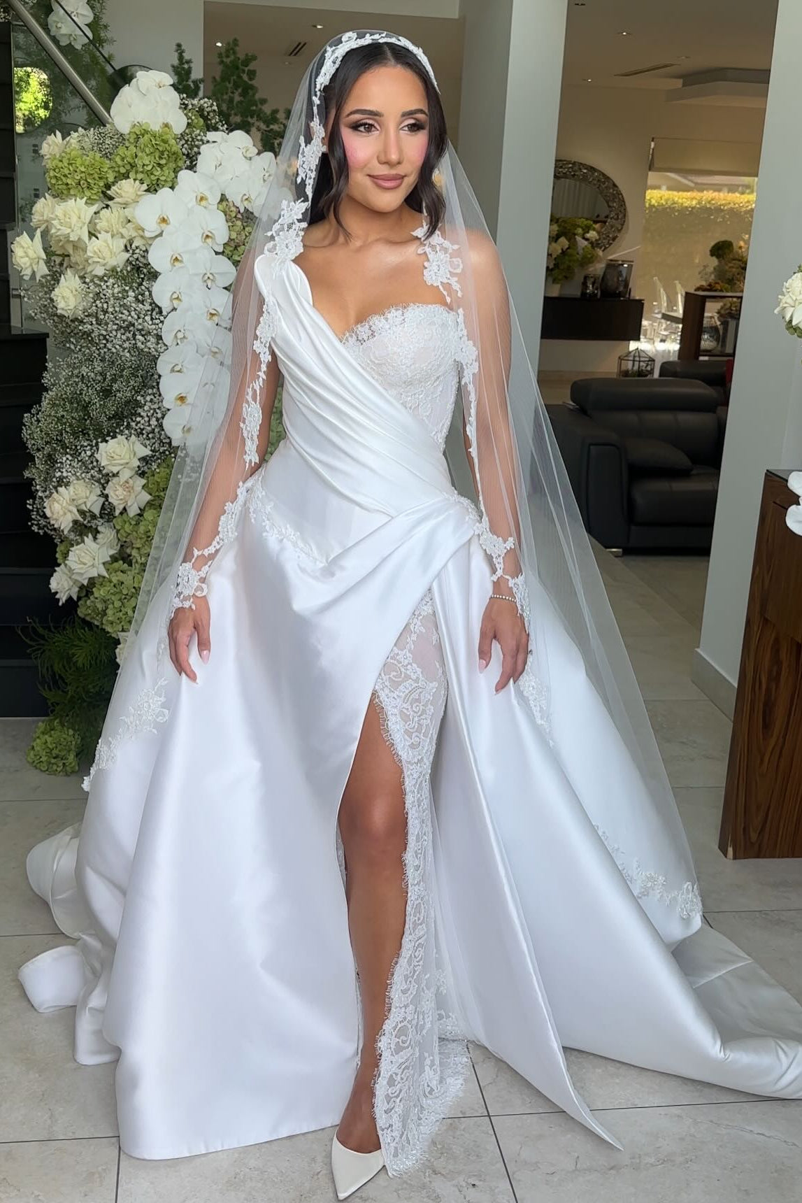 Strapless Lace Satin Overskirt Wedding Dress