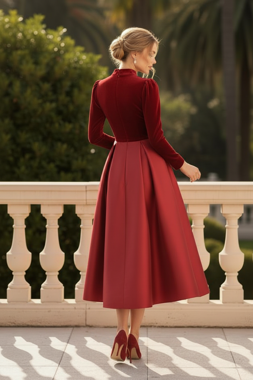 Velvet & Satin Pleated Midi Dress with Long Sleeves
