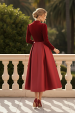 Velvet & Satin Pleated Midi Dress with Long Sleeves